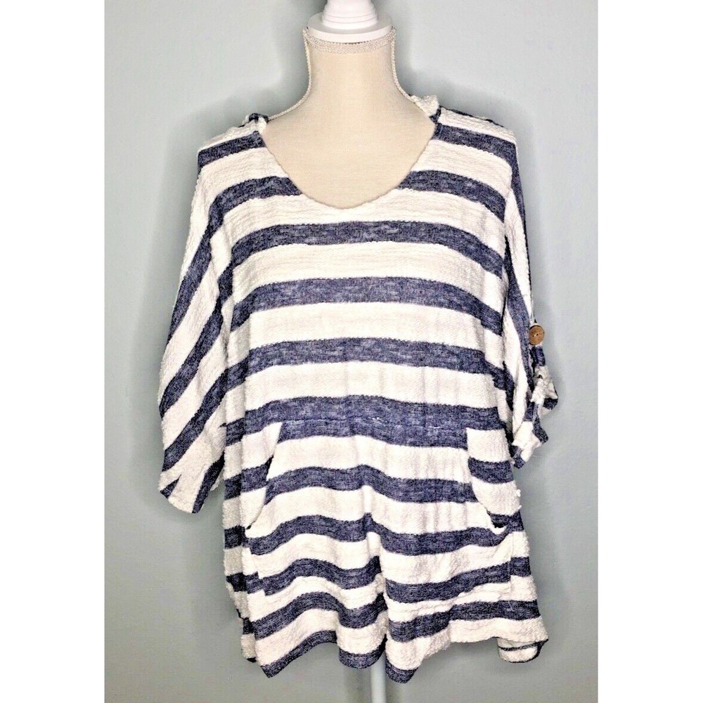 Misia Curvy Hoodie Women 2X Blue White Striped Roll Tab Sleeve Slub Knit Coastal